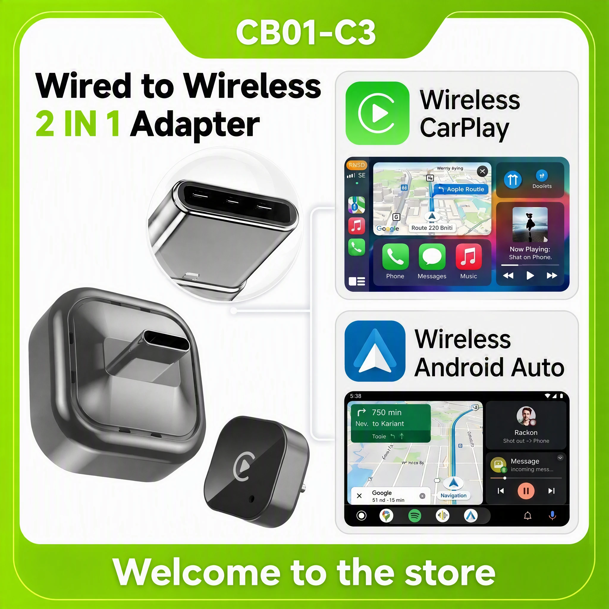 2026 New  USB C 2 IN 1 Wireless CarPlay & Android Auto Adapter, Wired to Wireless Dongle Plug & Play Compatible with iPhone Andr