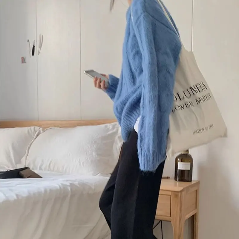 Basic Haze Blue Loose Knitted Pullovers Autumn Winter Casual O-Neck Women's Clothing Korean Vintage Long Sleeve Aura Sweaters