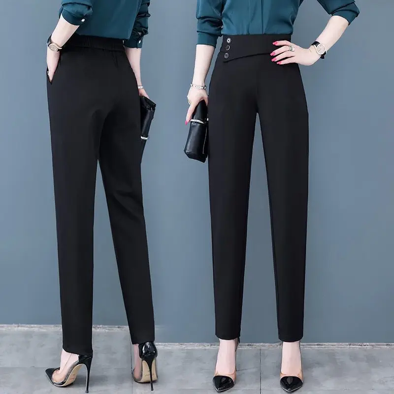 Office Lady Casual High Waist Black Pockets Pants Summer Commute Fashion All-match Button Spliced Trousers Women\'s Clothing