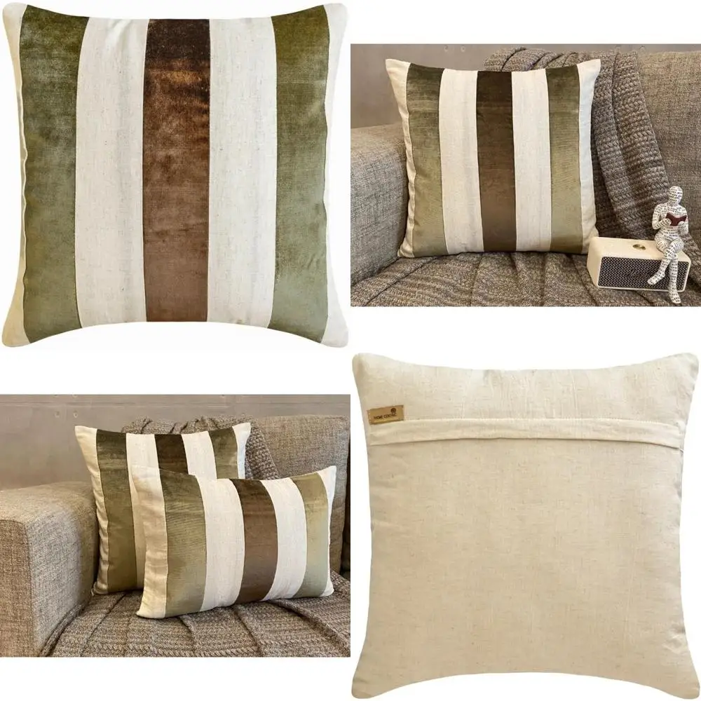 

Brown Velvet Striped and Linen Pillowcase Covers, Set of 2, 16x16 inches, Patchwork Design Decorative Throw Pillows