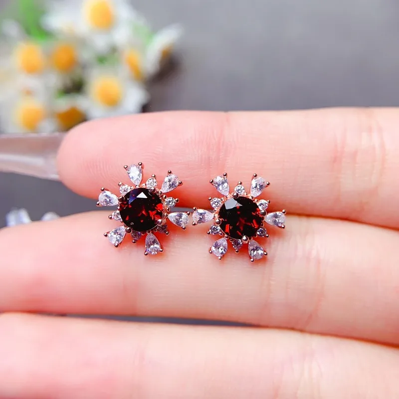 925 Sterling Silver 18K Gold Plated Ruby Color Stud Earrings Natural Garnet  Elegant Earrings for Women