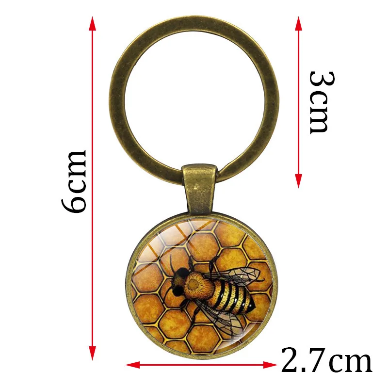 Cute Insect Yellow Queen Bee Keychain Geometric Honeycomb Honey Jewelry Entomology Glass  Pendant Keyring For Friends Gifts