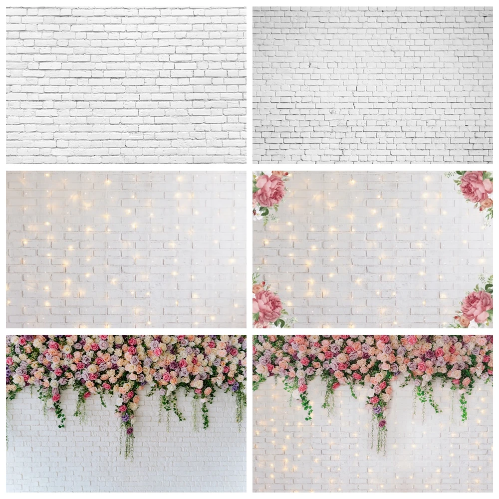 

White Brick Wall Backdrop Pink Flower Brick Backdrop Adults Newborn Baby Shower Birthday Wedding Portrait Photography Background