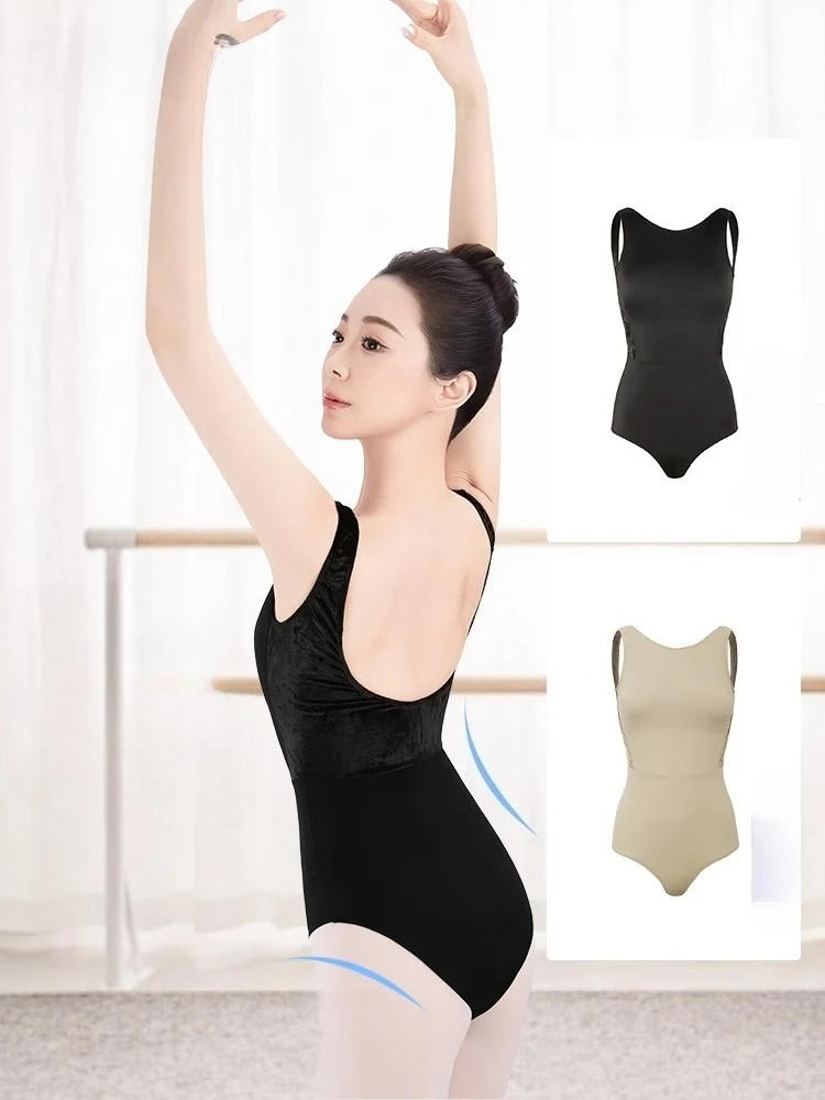 ชุดบัลเลต์ผู้หญิง บัลเล่ต์รัดรูป สะโพกสูง เปิดหลัง ผ้ากำมะหยี่ต่อผ้า แขนกุด ชุดแสดงบัลเล่ต์