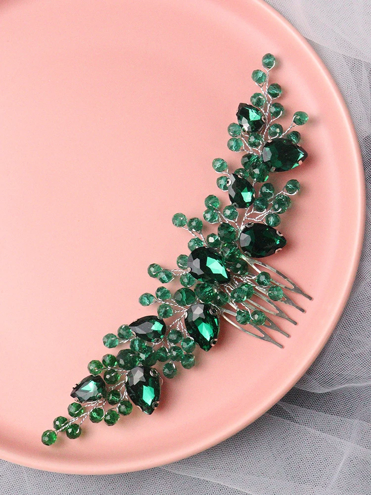 Green Rhinestone Bride Hair Comb Crystal Wedding Head Jewelry Bridal Hair Accessories for Women and Girls Bridesmaid Gift