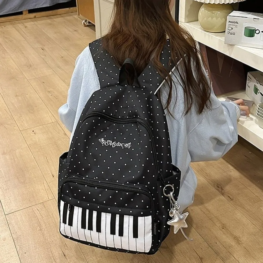 Nylon Polka Dot Print Backpack Preppy Style Color-blocked Large Capacity School Bag Cute Durable Piano Key Backpack School