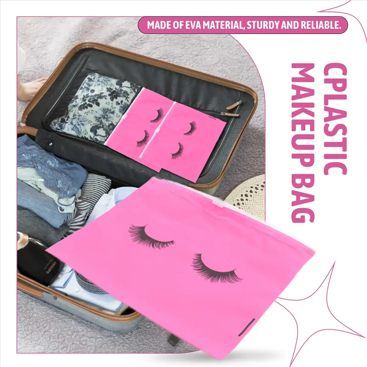 ABQR 50 قطعة من حقائب العناية اللاحقة بالرموش، حقائب مكياج بلاستيكية، حقيبة مكياج لأدوات الزينة، حقيبة مستحضرات التجميل للسفر مع سحاب M