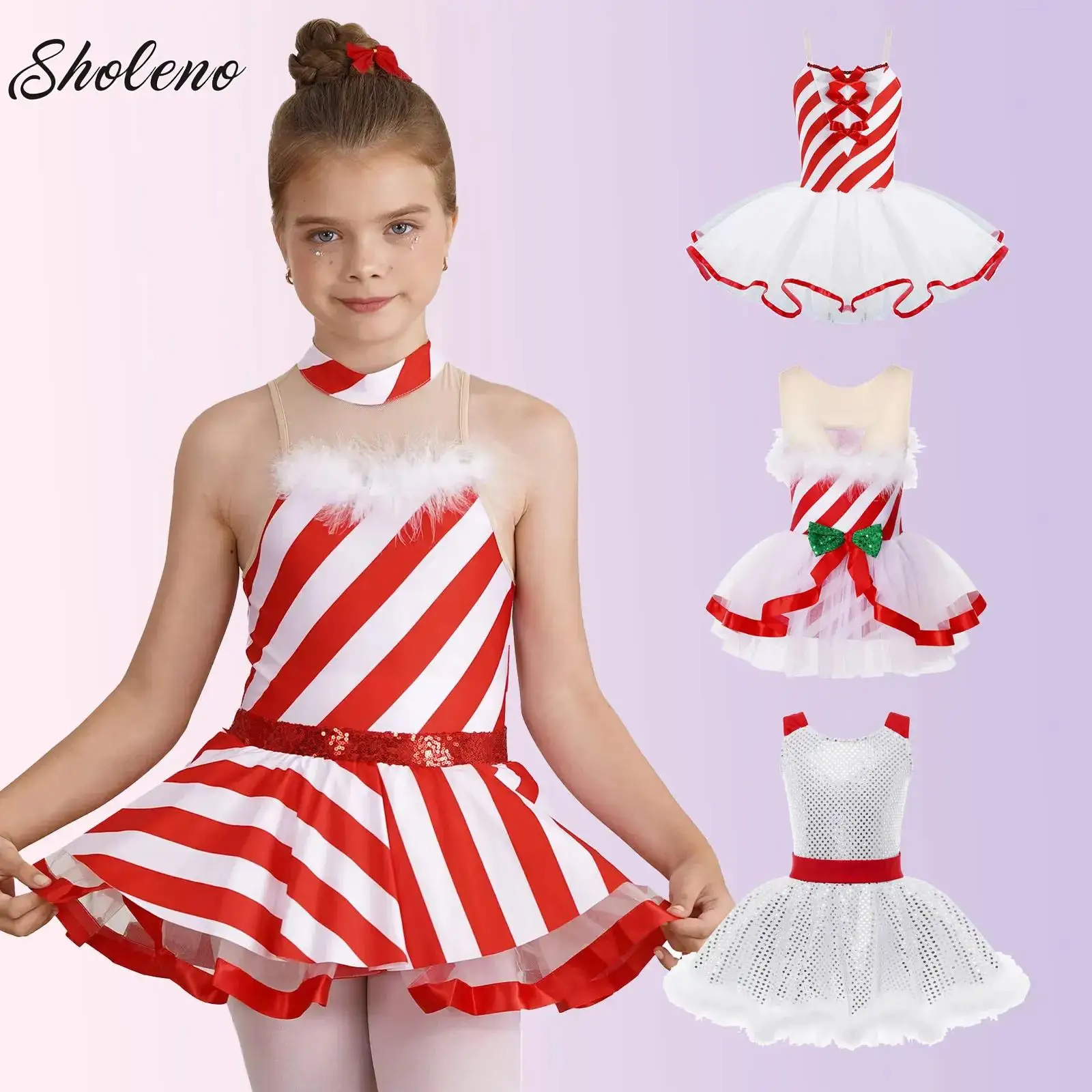 

Big Girls Sequin Ballet Tutu Dance Dress Faux Fur Decor Gymnastics Leotard Figure Skating Dancewear Christmas Elf Party Costumes