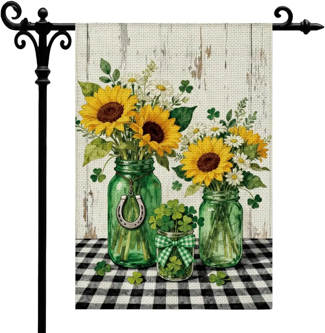 St. Patrick's Day Garden Flag, Sunflower & Shamrock Mason Jar, Green Clover, Lucky Horseshoe, 12x18 Inch Double-Side LLX PPM