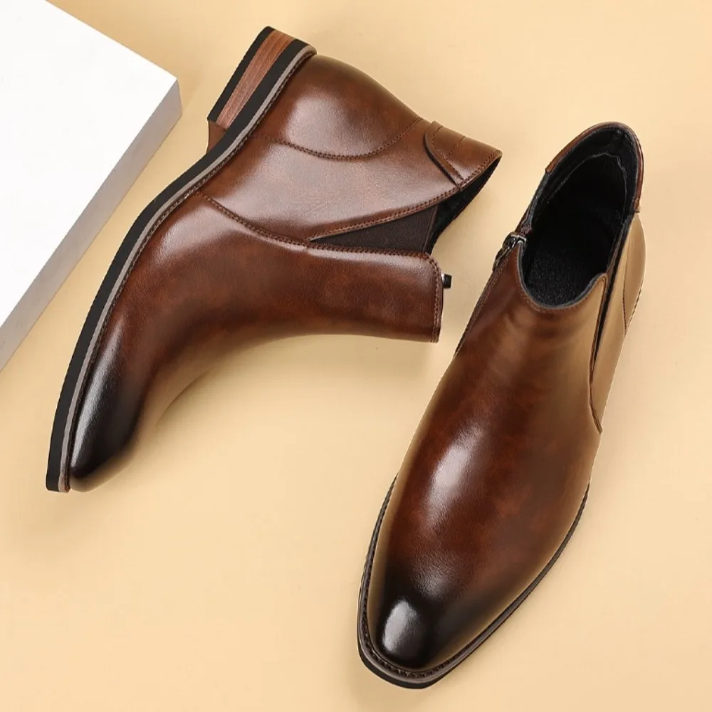 

Ботинки «Челси», мужские высокие кожаные туфли с боковой молнией, модные мужские ботинки в британском стиле, флисовые теплые кожаные ботинки, большой размер