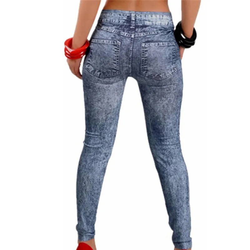 Women Fitness Blue Leggins Leggings Jeans For Women Denim Pants With Pocket Slim Leggings