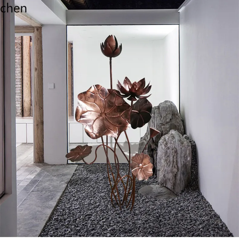 HT Stainless steel lotus leaf sculpture soft decoration hotel pool forged iron metal lotus flower landscape decoration