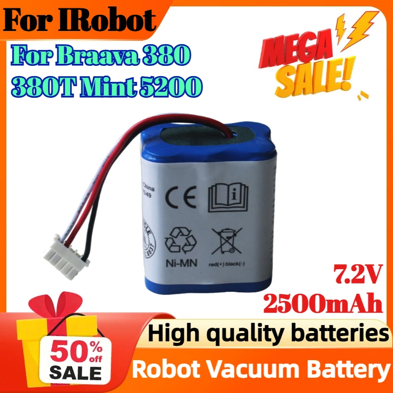 

7.2V 2500mAh for IRobot Roomba for Braava 380 380T Mint 5200 5200B 5200c Ni-MH Rechargeable Battery