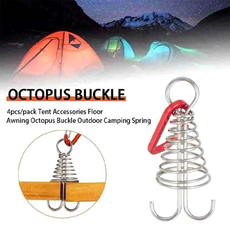 W Shape Spring Tent Nail Deck Peg Fixed Tent Rope Plank Hook Spring Hanging Buckle Octopus Rope Buckle With Carabiner Hook