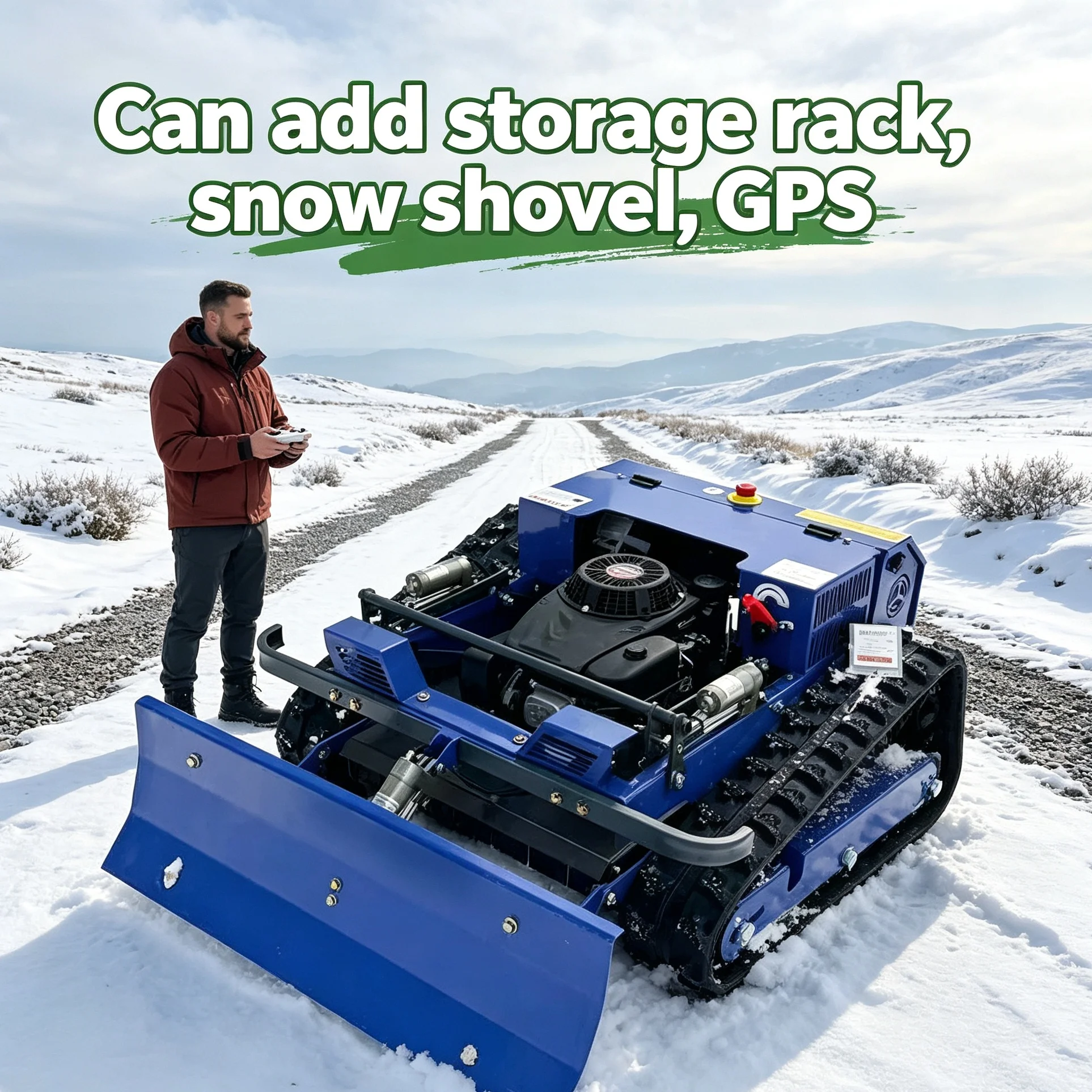 Customized Wireless 4-stroke Lawn Mower pairs removable snow shovel, solid crawler chassis runs stably on rugged wild terrain