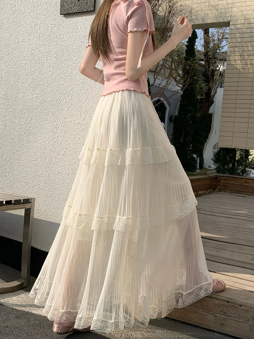 

Gorgeous Lace Tulle Pleated Skirt High Waist Elastic Slim A-Line Cake Sle Long Skirt Spring Summer Korean Sle Women'...
