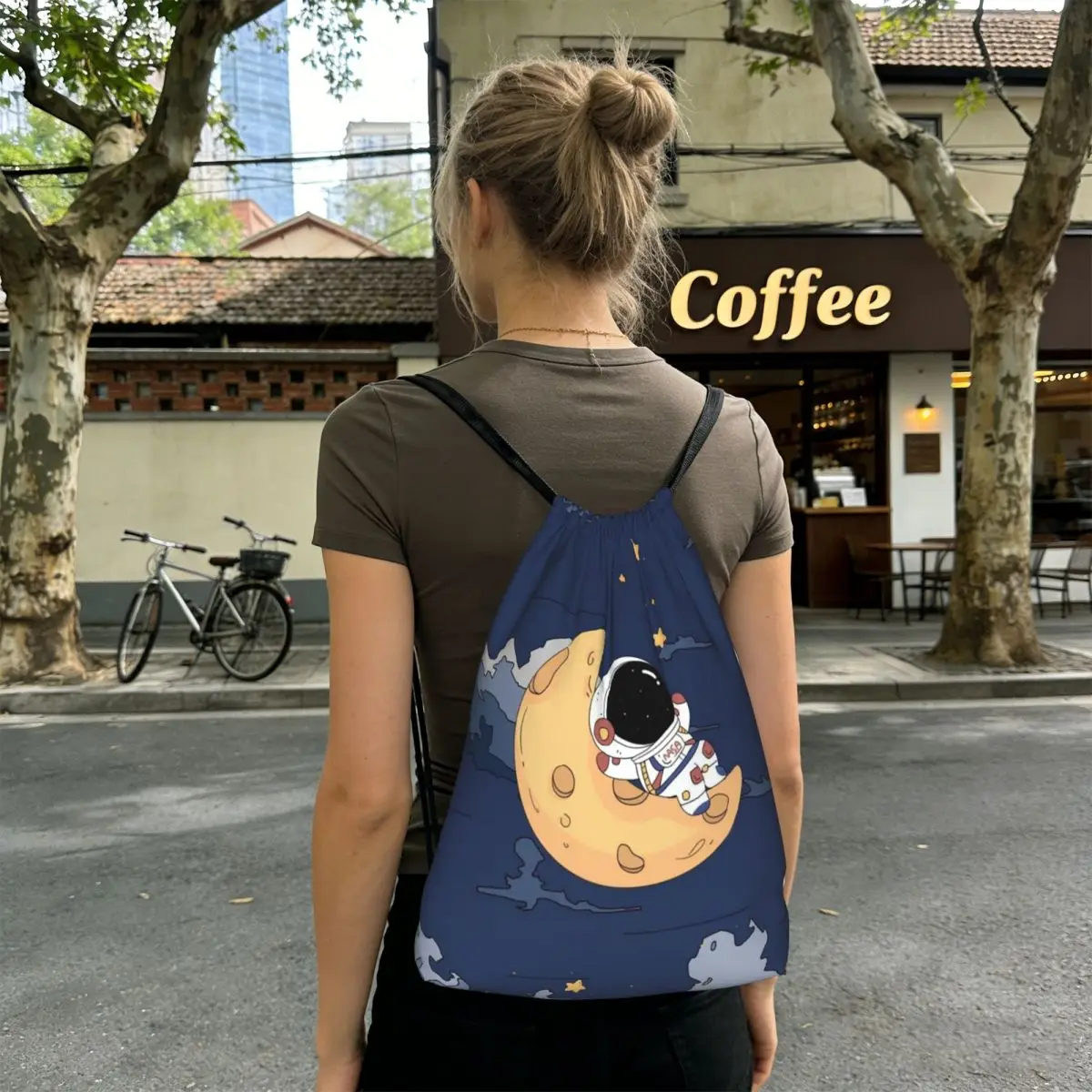Cartoon Astronaut Themed Backpacks Multi-function Drawstring Bundle Pocket Sports Bag Book Bags for Travel Students