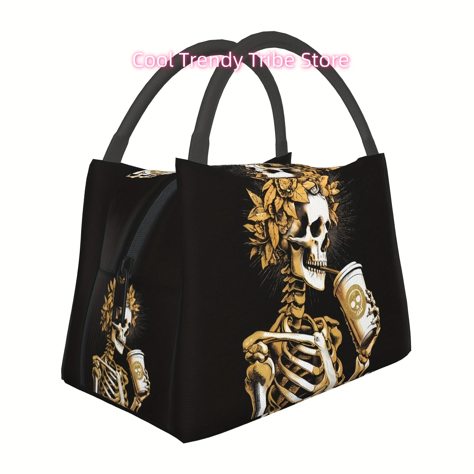 Skull & Coffee Insulated Lunch Bag, Portable & Reusable for Work, Picnics, Beach Hiking | Durable Polyester, Fantasy Theme, Home
