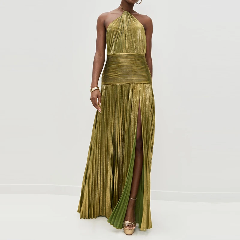 

Sexy Backless High Split Party Dress 2025 Fashion Sleeveless Solid Evening Dress Ladies Summer Halter Hollow Pleated Long Dress
