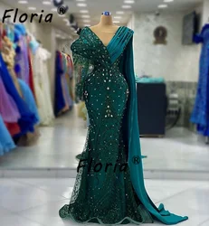 Long Dubai Dark Green Mermaid Wedding Formal Dress With Shoulder Cape Stunning Crystal Stones Evening Party Gowns Robe De Soiree