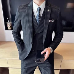 2023 Fashion New Men Casual Boutique Business Striped Slim Fit Wedding Dress Suit Coat Set Male 3 Pcs Blazers Jacket Pants Vest