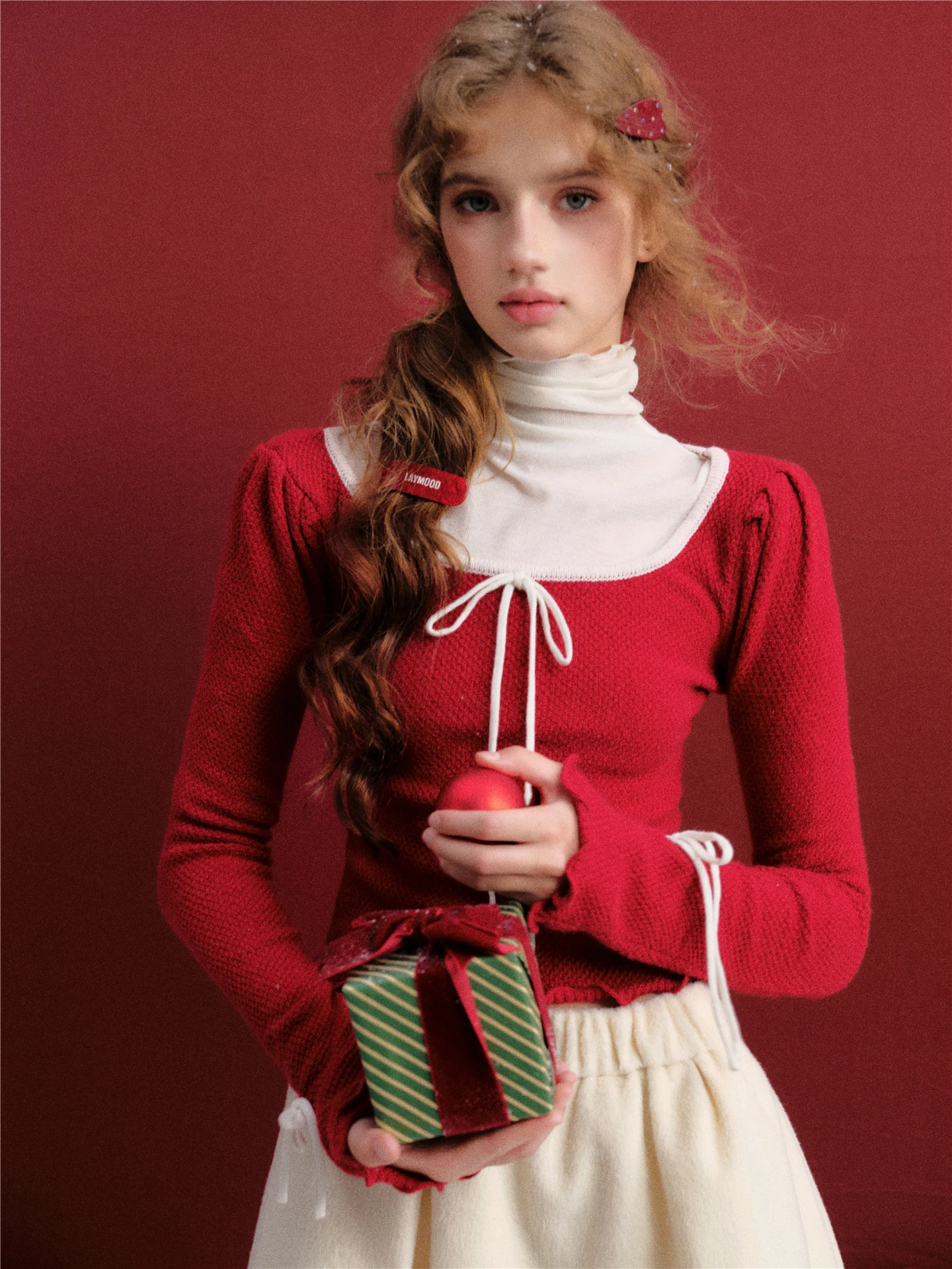 

Женский вязаный свитер Cisas k с красным квадратным воротником, облегающий, с узлом, создающий эффект стройности, с длинными рукавами, зимний топ