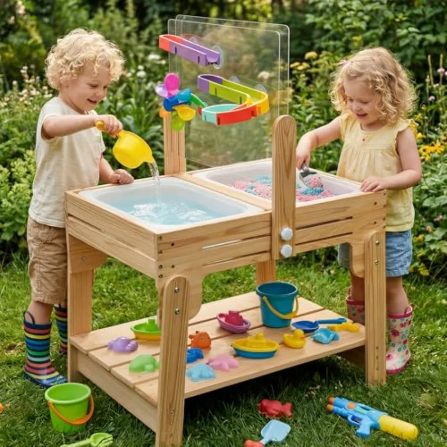 

Adjustable Height Wooden Sand and Water Table with 2 Collapsible Bins Acrylic Activity Board Water Track Toys 16-Piece Play Set