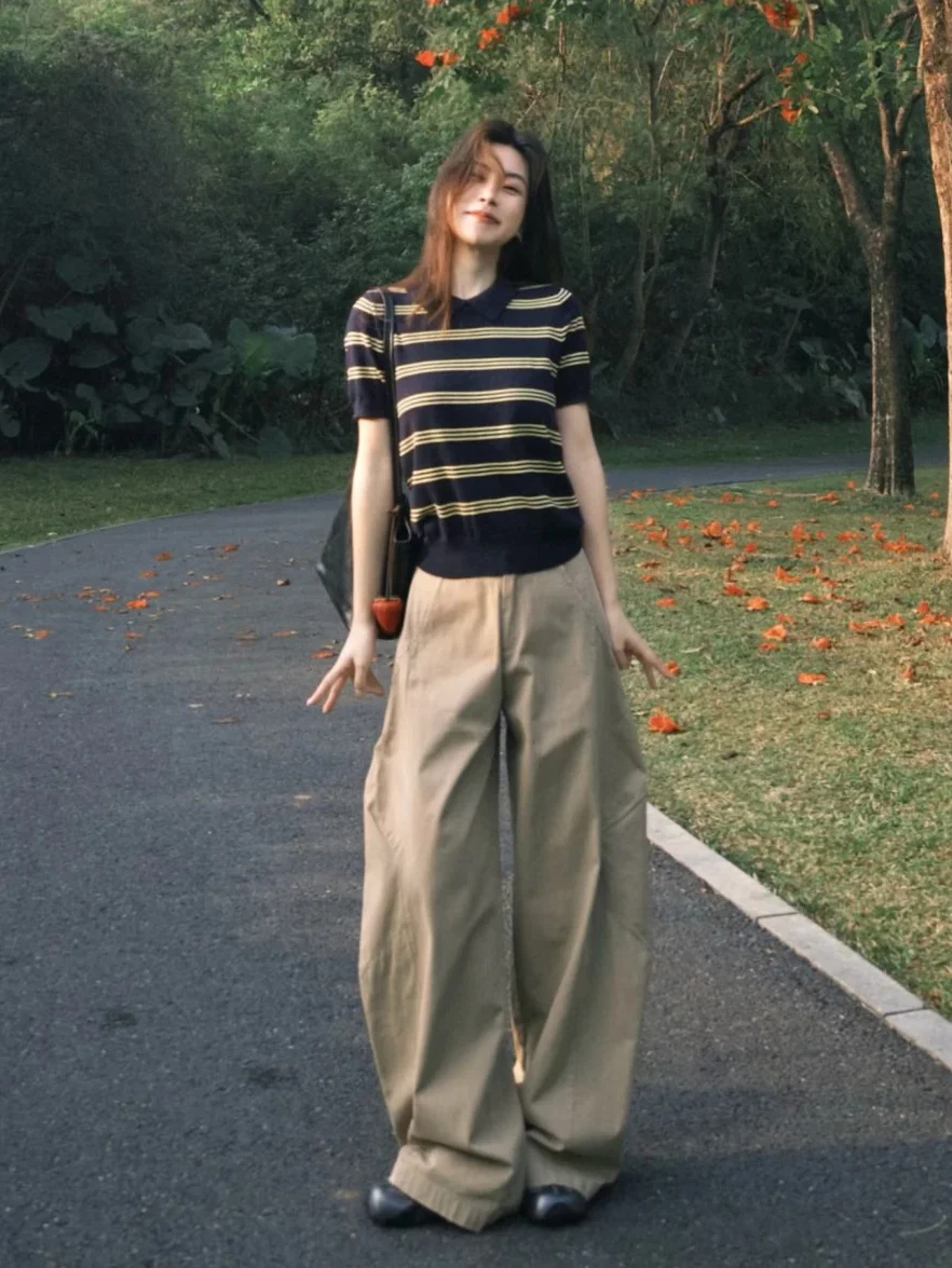 

Retro Korean Preppy Style Neck Striped Knit Top Short Sleeve Women's Summer Slimming Short Length Casual Fashion T-Shirt