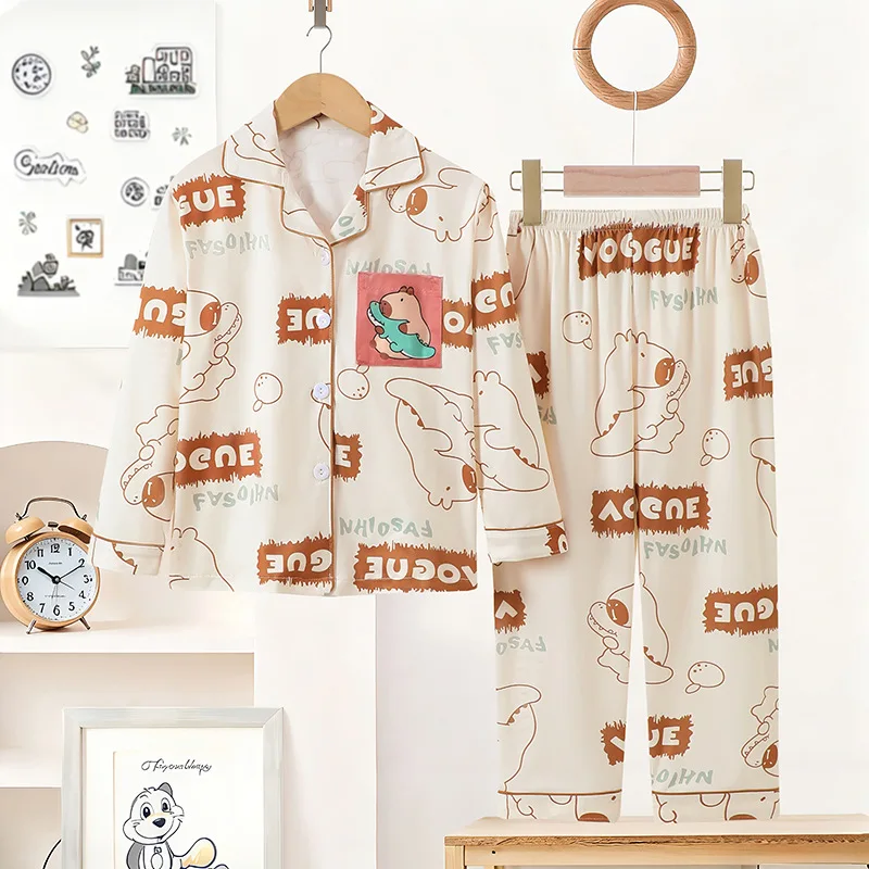 

Новый комплект пижамы Kabi Bara для мальчиков: весенне-осенний стиль, длинные рукава, длинные брюки, комфортная модная домашняя одежда для подростков