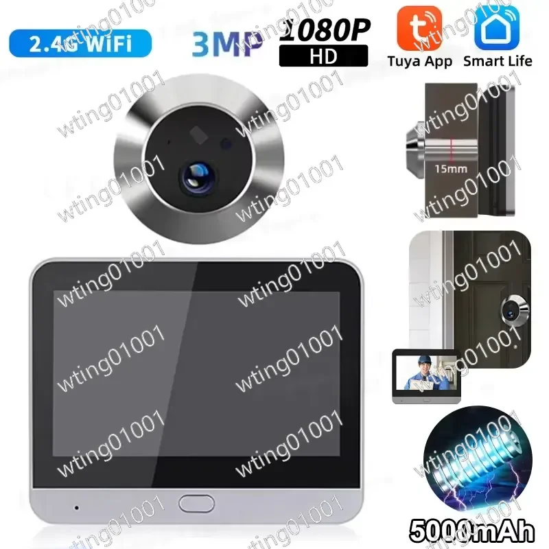 for Tuya Smart 3MP Digital Peephole Door Camera 4.3 Inch 140 Wide Angle WiFi IR PIR Detection Video Doorbell Eye Viewer