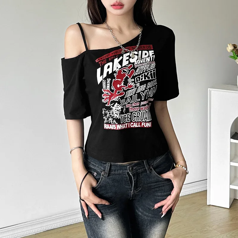 

2024 New Vintage Spicy Girl Off The Shoulder Letter Print Tees Y2K Retro Sexy Navel Exposed Street Skew Collar Crop Tops Women's