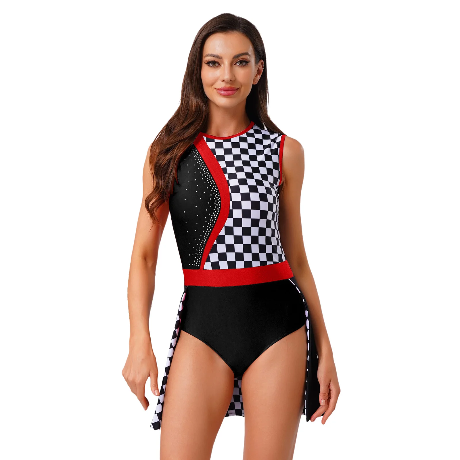 

Women Speed Racer Checked Costume Contrast Color Back Leotard Skirted Jumpsuit for Halloween Driver Cosplay Festival