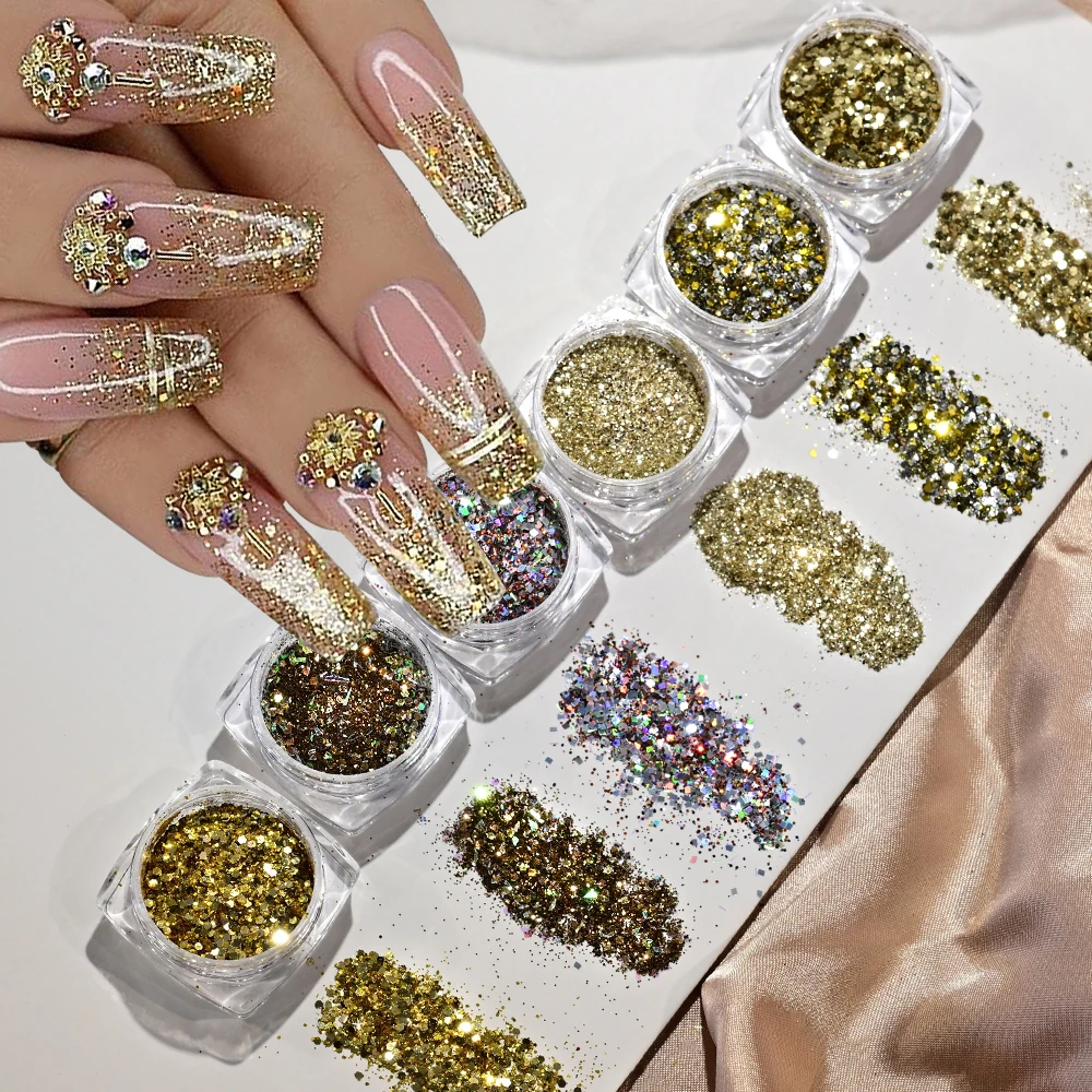 6Jars/set Valentine's Day Holographic Gold Chunky Hexagon Nail Sequins Mixed Laser Gold Hexagon Flakes DIY Luxury Gold Sequins