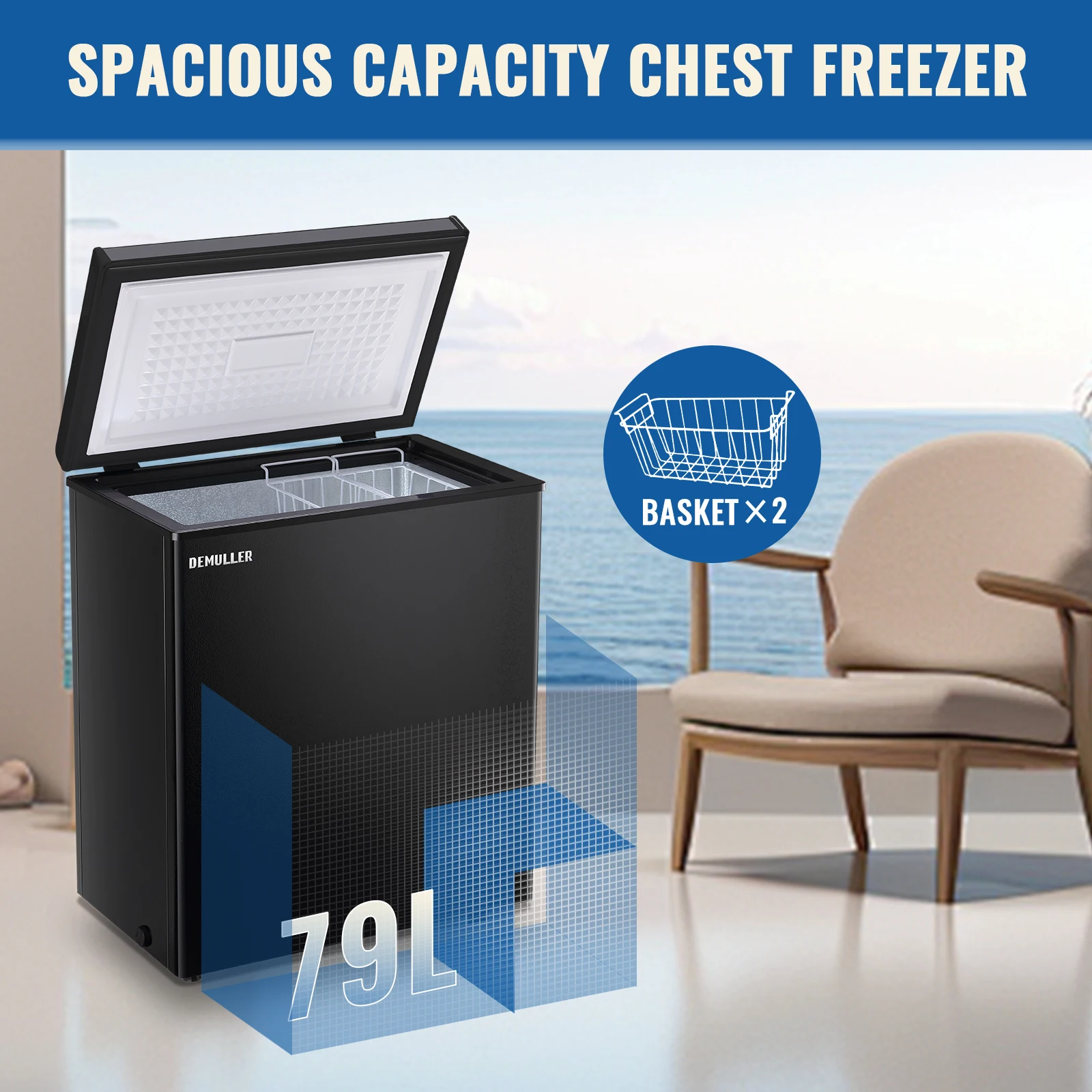 DEMULLER Chest Freezer 79L Ultra-low Temperature Deep Freezers (Down to -12 ℉) with TWO Removable Baskets Accurate Display of Cabinet Temp Freestanding