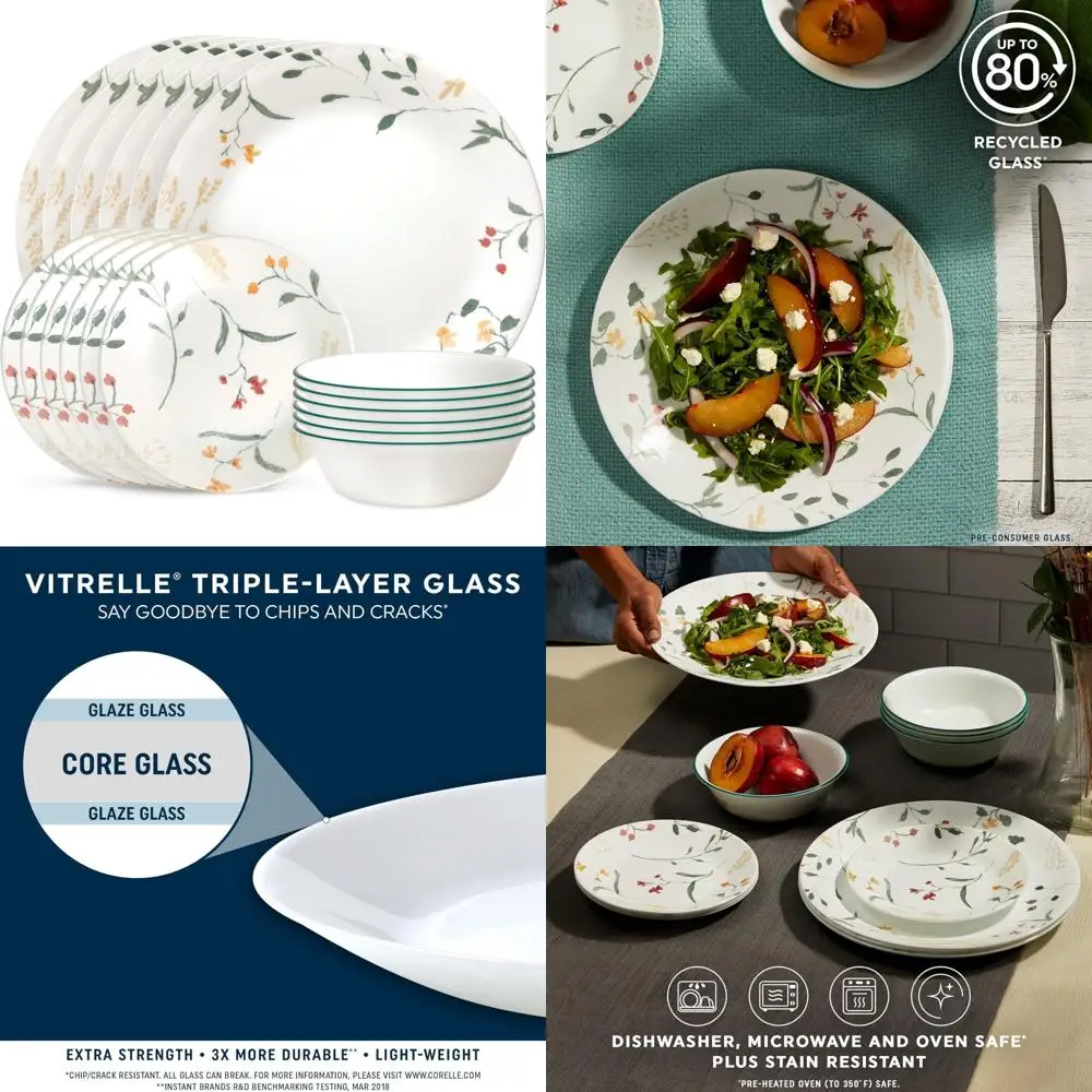 

Corelle Vitrelle 18-Piece Glass Dinnerware Set for 6, Triple Layer, Chip and Crack Resistant, Plate and Bowl Set