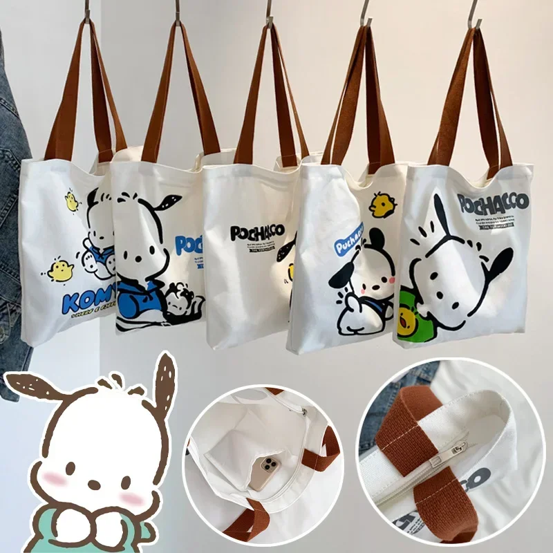 Sanrio Pochacco Large Capacity Shoulder Bags Casual Shopper Bag Tote Canvas Cartoon Print Zipper Ulzzang Handbags Cheap Women