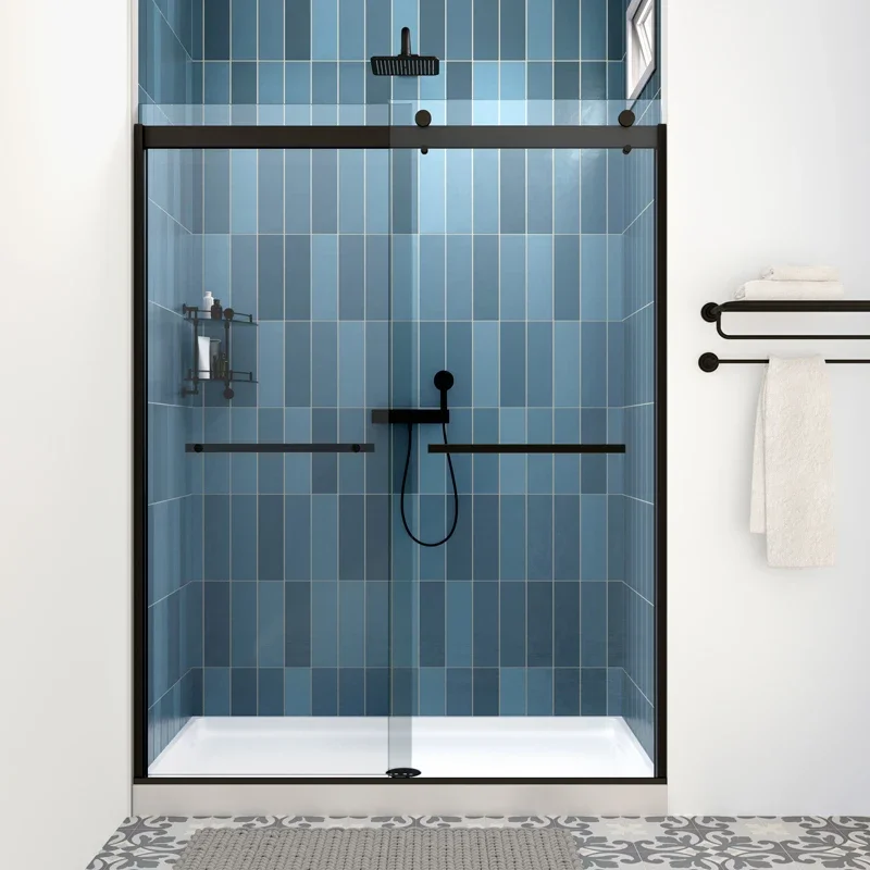 Matte Black Double Door Sliding Bathroom Shower Screen Sliding Bypass Shower Door with Two Pairs of Rollers