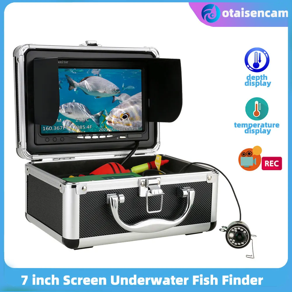 Monitor DVR de 7 pulgadas para pesca subacuática, cámara con pantalla de temperatura de profundidad, lámpara infrarroja de 12 piezas para pesca en hielo/MAR/Río, 15/30/50M