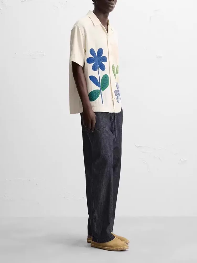

Summer 2025 Men's Cotton Loose ort Sve irt Patchwork Decorated Versatile Casual American Sle Flip Collar Regular Length