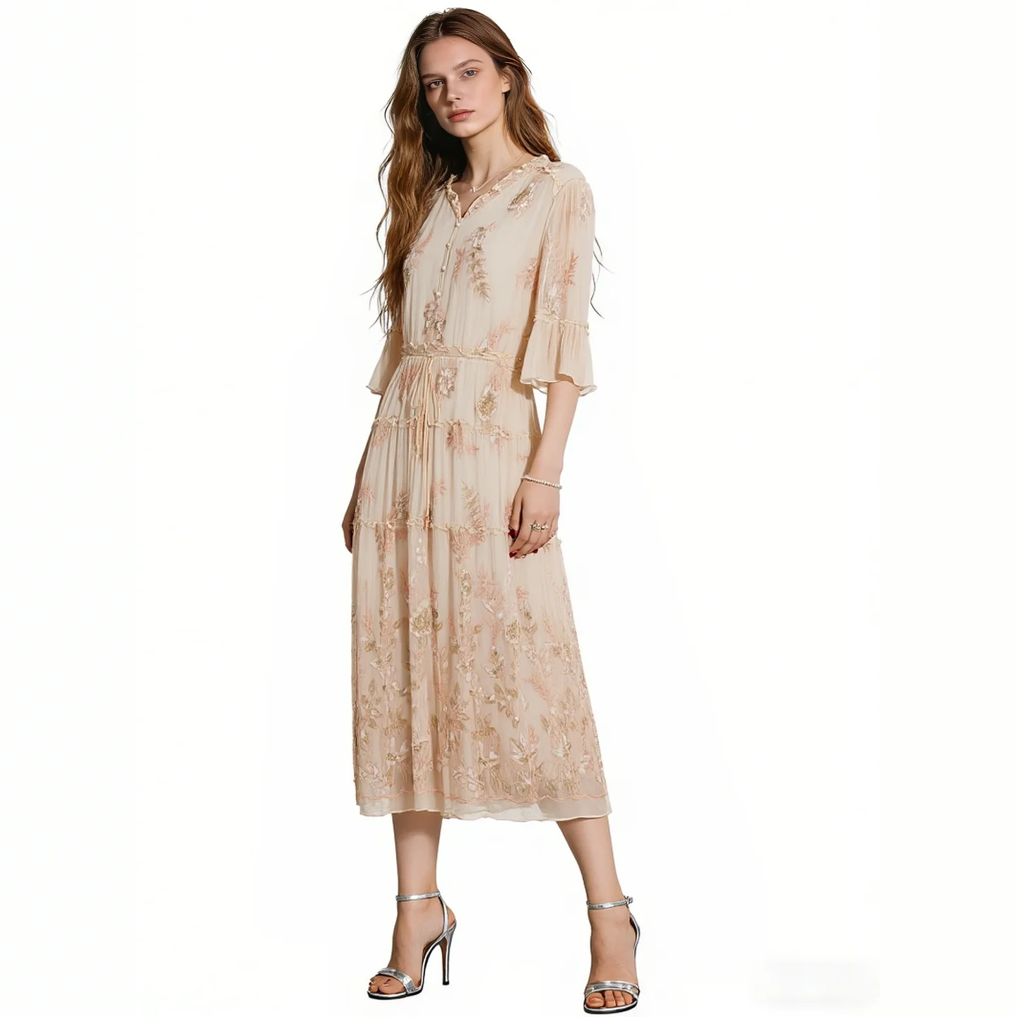 

Sweet Pink Embroidered Tulle Midi Dress - V-Neck Ruffle Sleeve Tie Waist A-Line Summer Dress