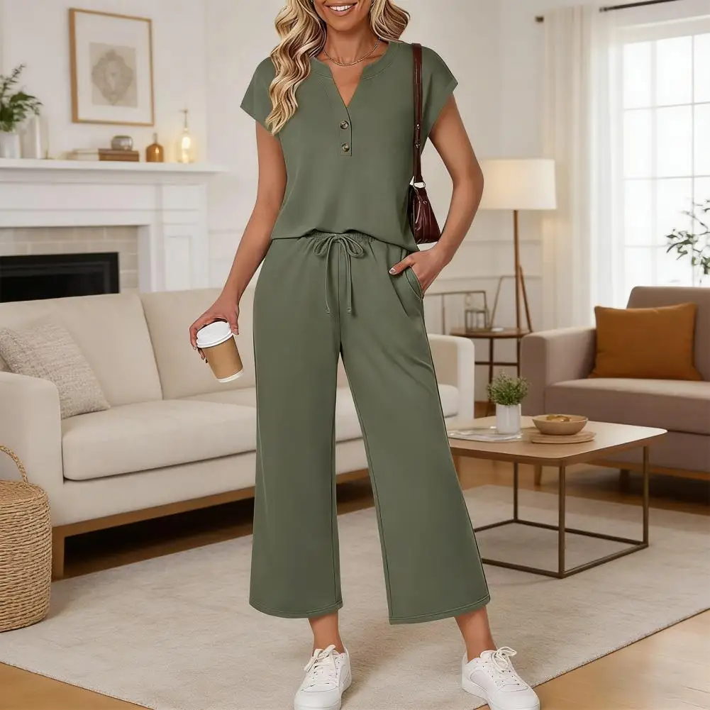 Women Two-piece Suit Women’s Two Piece Set Summer Lounge Wear V Neck Top Wide Leg Pants Vacation Travel Outfits Breathable