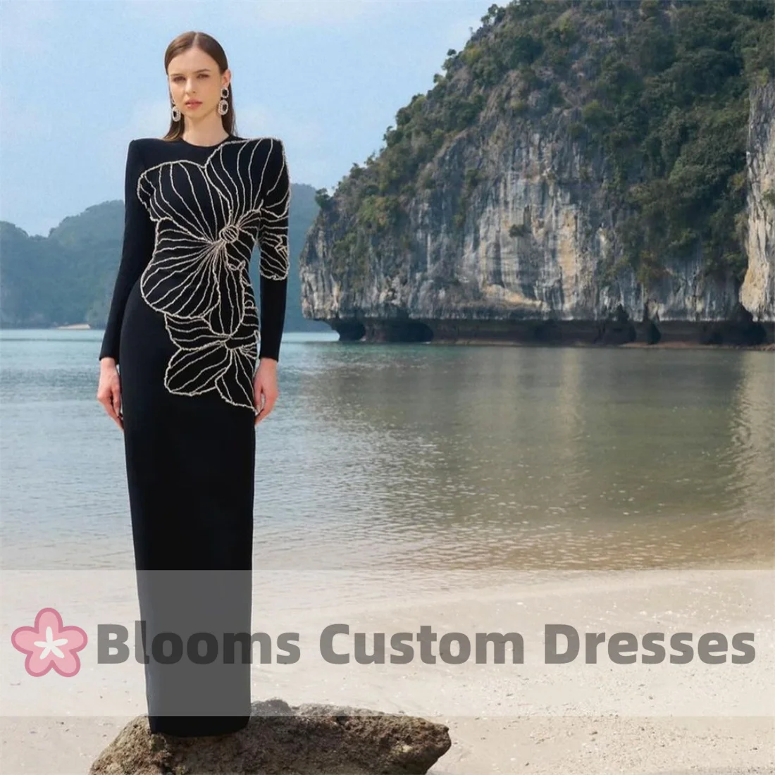 Customized Black Crepe Beaded Luxury Evening Dress 2024 Long Sleeves Elegant Prom Dress Floor-Length O-neck Formal Party Gown