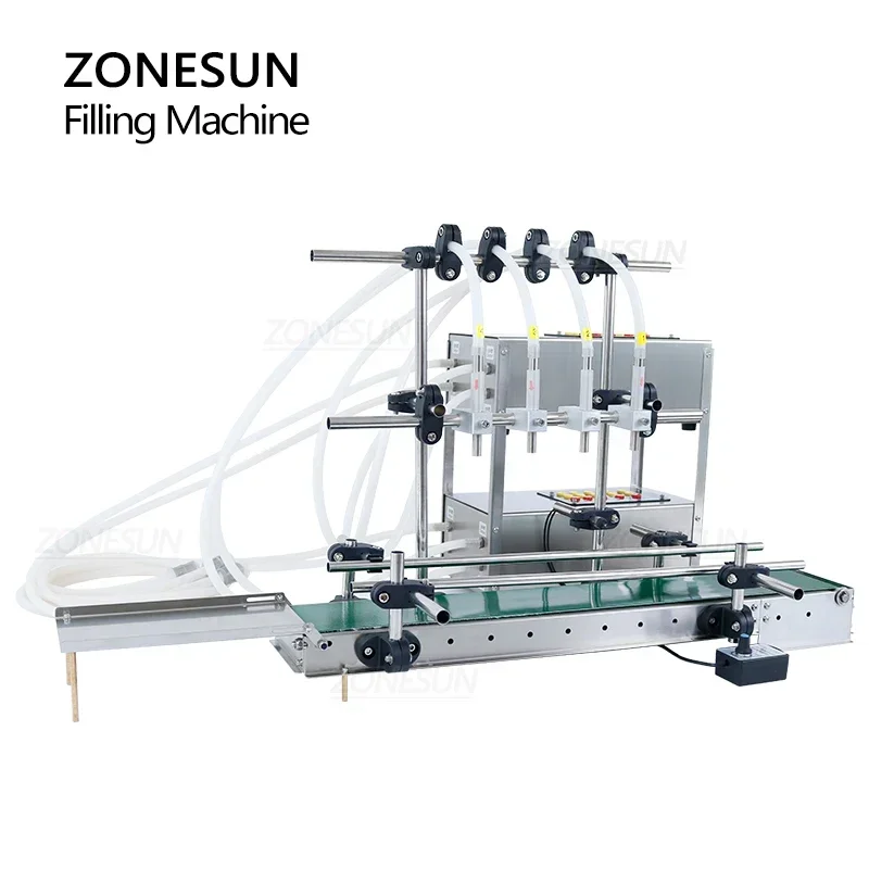 ZONESUN ZS-DTDP4G Automatic Liquid Filling Machine 4 Heads Diaphragm Pump for Water Juice Cosmetic with Conveyor