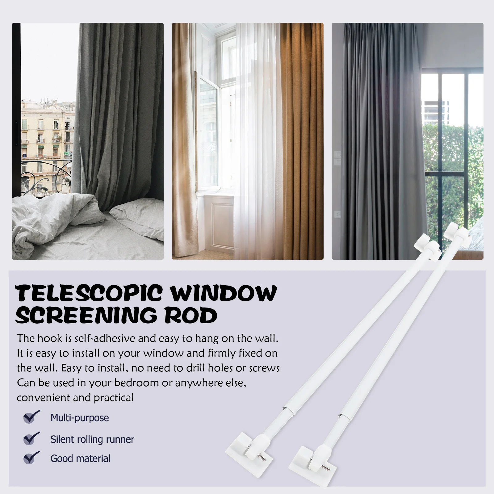 

2Pcs Small Curtain Rods Adjustable Plastic No Drilling Required Easy Installation for Bedroom Bathroom Small Curtain Rods