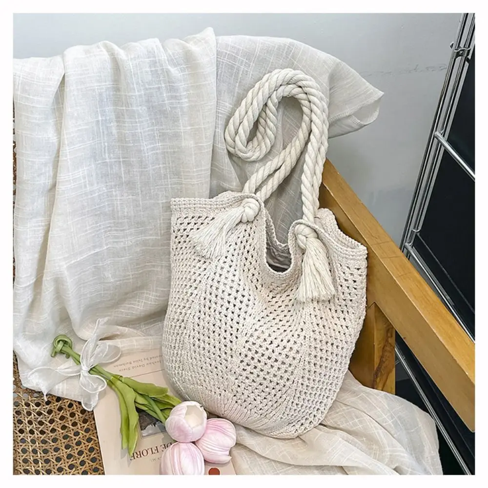 

Fashion Bohemian Knitted Shoulder Bag Hollowed Out Solid Color Casual Woven Handbag Large Capacity Spacious Beach Bag Female