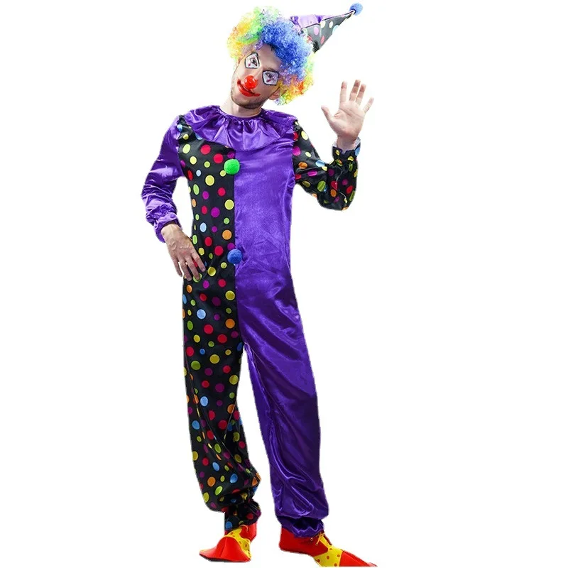 

Circus Funny Clown Cosplay Jumpsuit Hat Wig Shoes Adult Men Halloween Dress Up Suit Carnival Festival Party Atmosphere Outfit