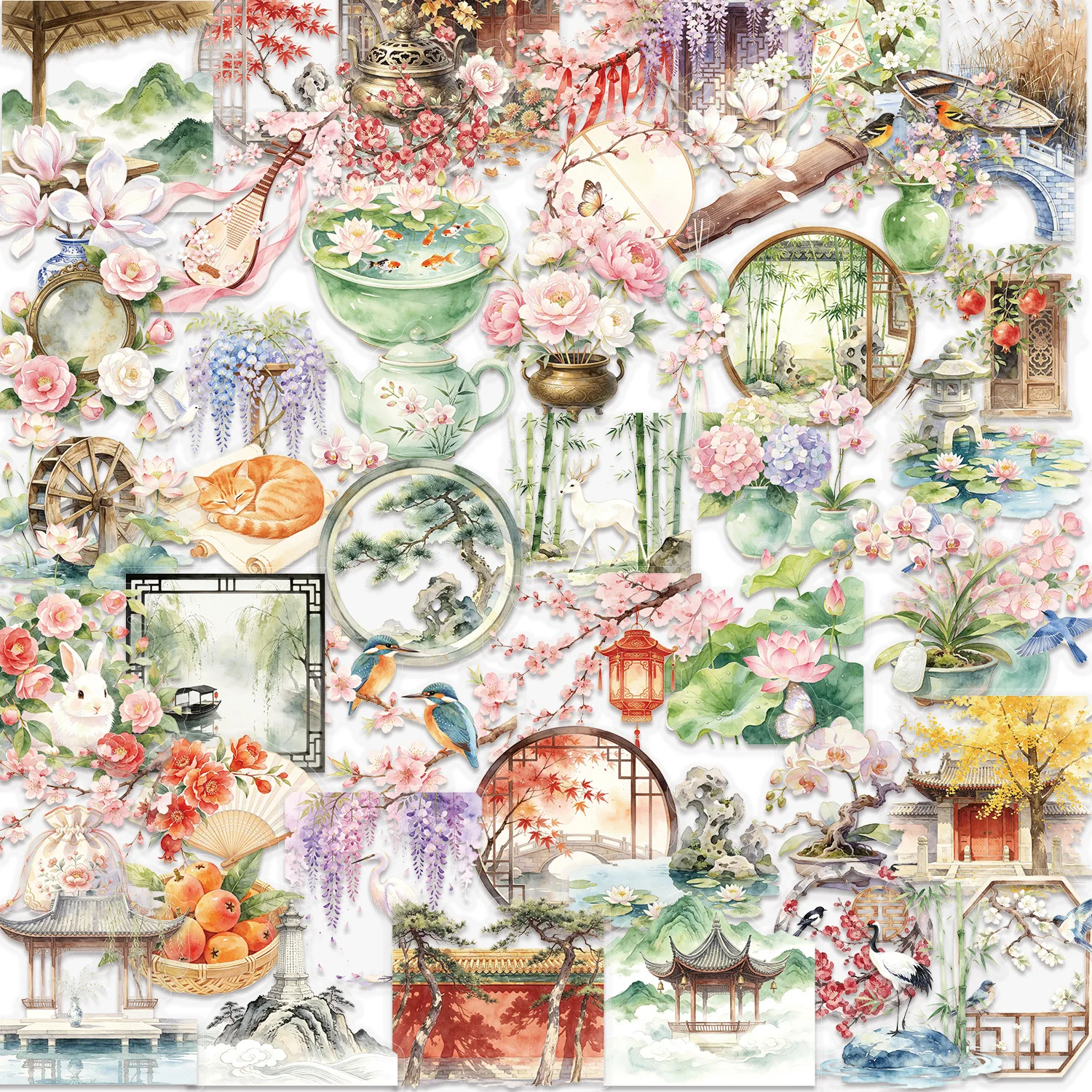 50 autocollants de fleurs de style chinois, décoration créative pour coque de téléphone portable, carnet, graffiti DIY, tasse à eau, jouet, autocollants cadeaux