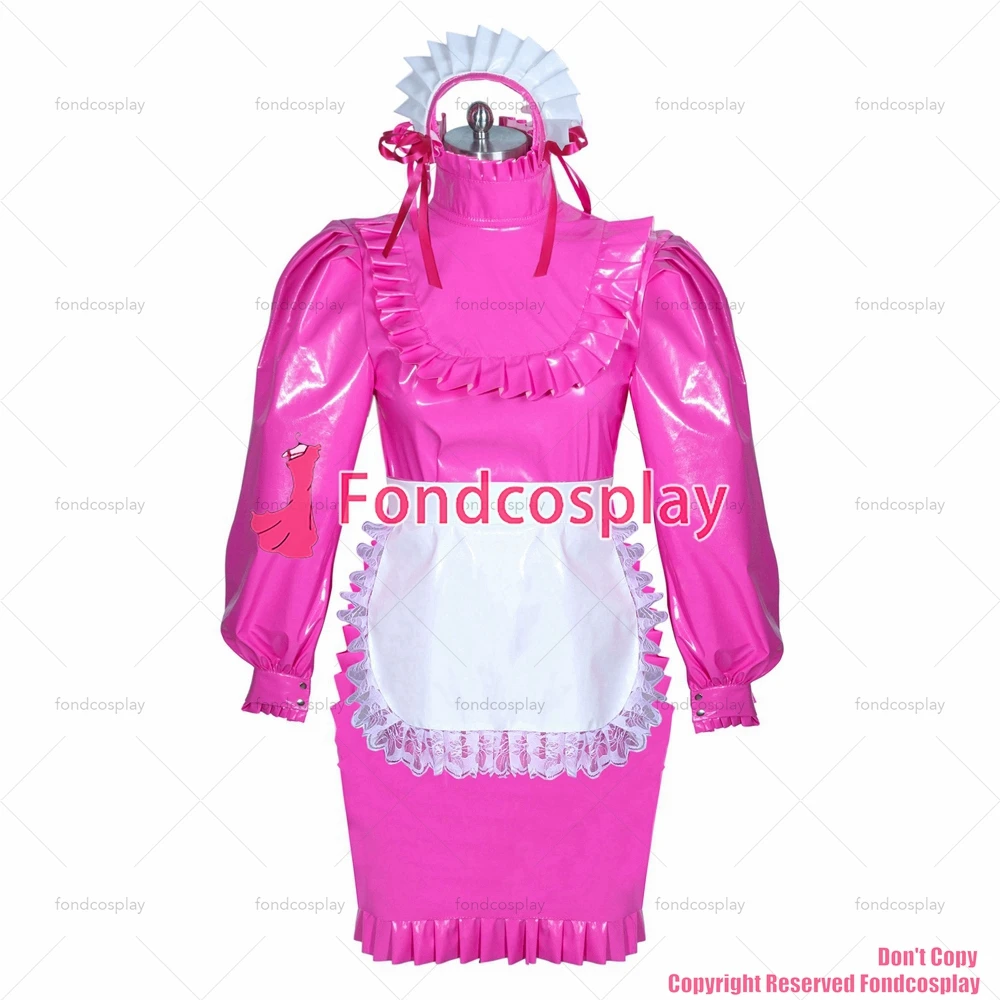 Fondcosplay adulto sexy cross dressing sissy maid corto francese bloccabile rosa caldo sottile vestito in PVC grembiule bianco CD/TV[G3888]