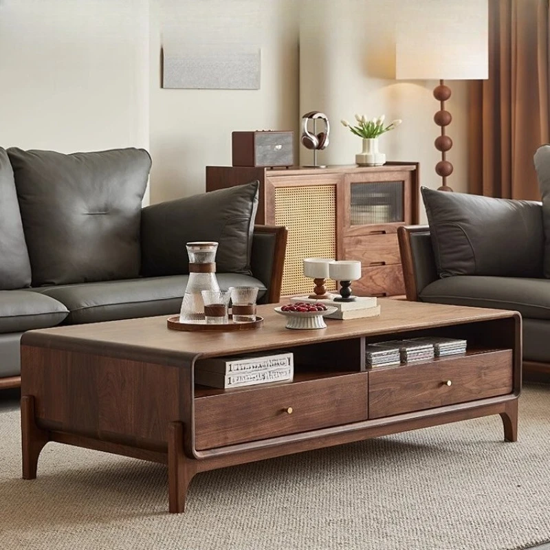 

Black walnut solid wood coffee table, Nordic simple home coffee table, living room with drawers coffee table