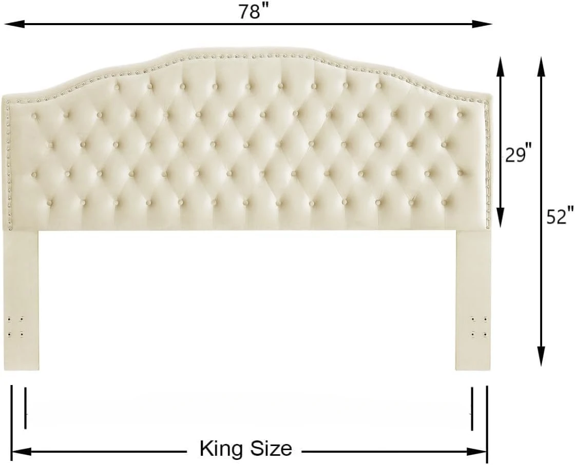 Upholstered Button Tufted King Headboard with Nailhead Trim, Soft Velvet Fabric Headboard King/King 6031-K-Cream